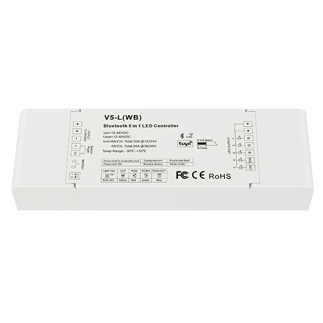 V5-L(WB) 12-48VDC 5CH*6A Bluetooth & RF Tuya Push Dimming 5 in1 LED Controller